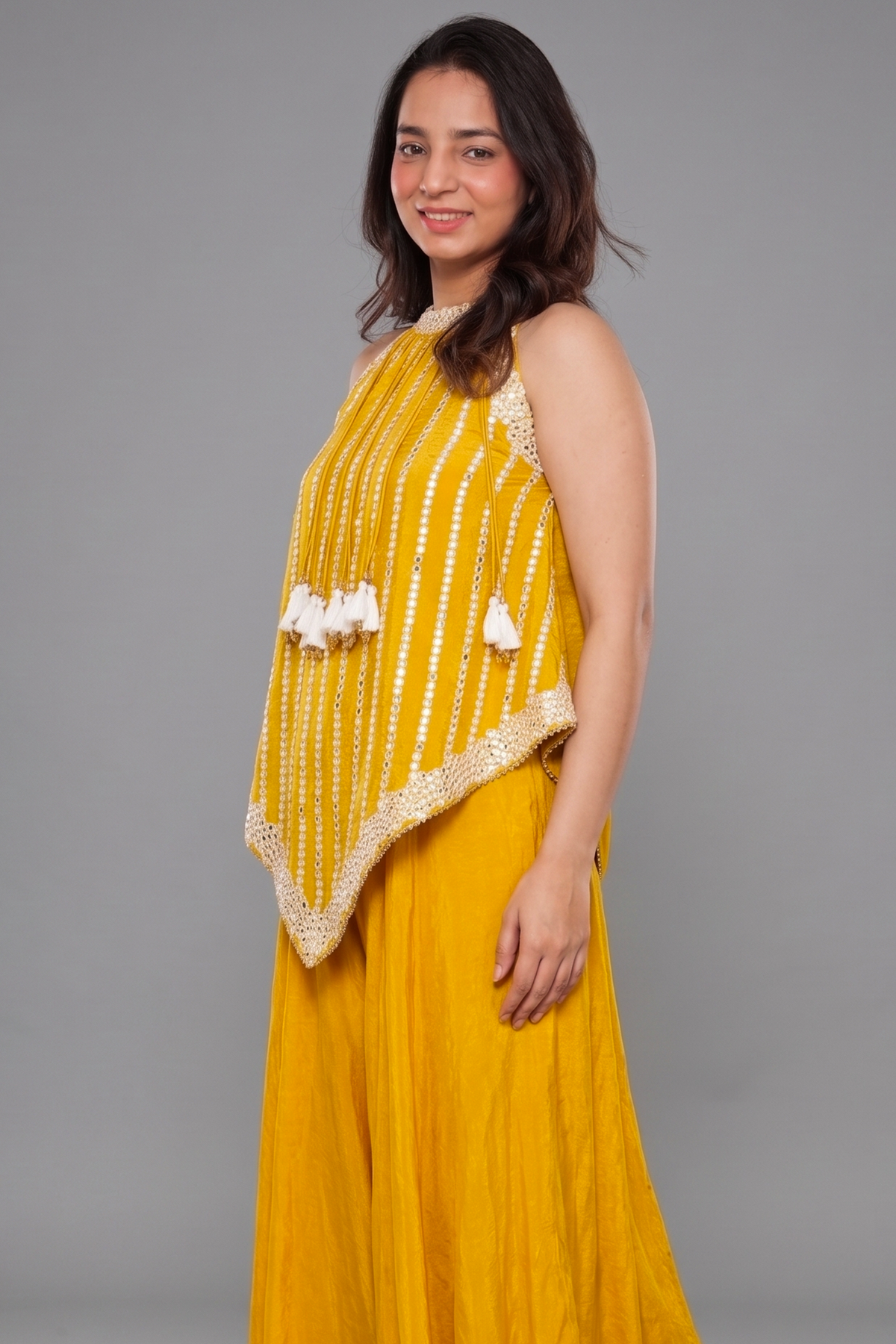Yellow Tissue Gota and Bead Worked Asymmetric Indo Western Palazzo Set