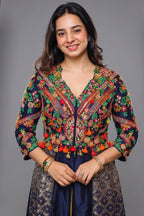 Blue Silk Sequin Embroidered Slit Cut Indo Western Set