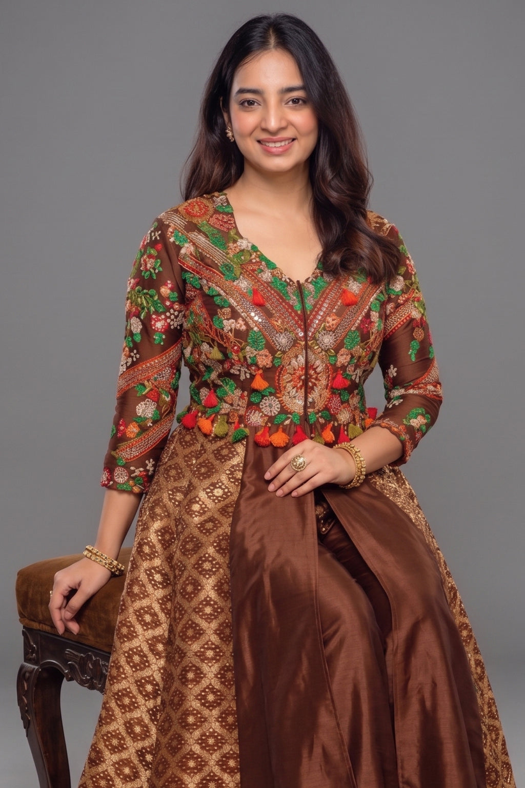 Brown Silk Sequin Embroidered Slit Cut Indo Western Set