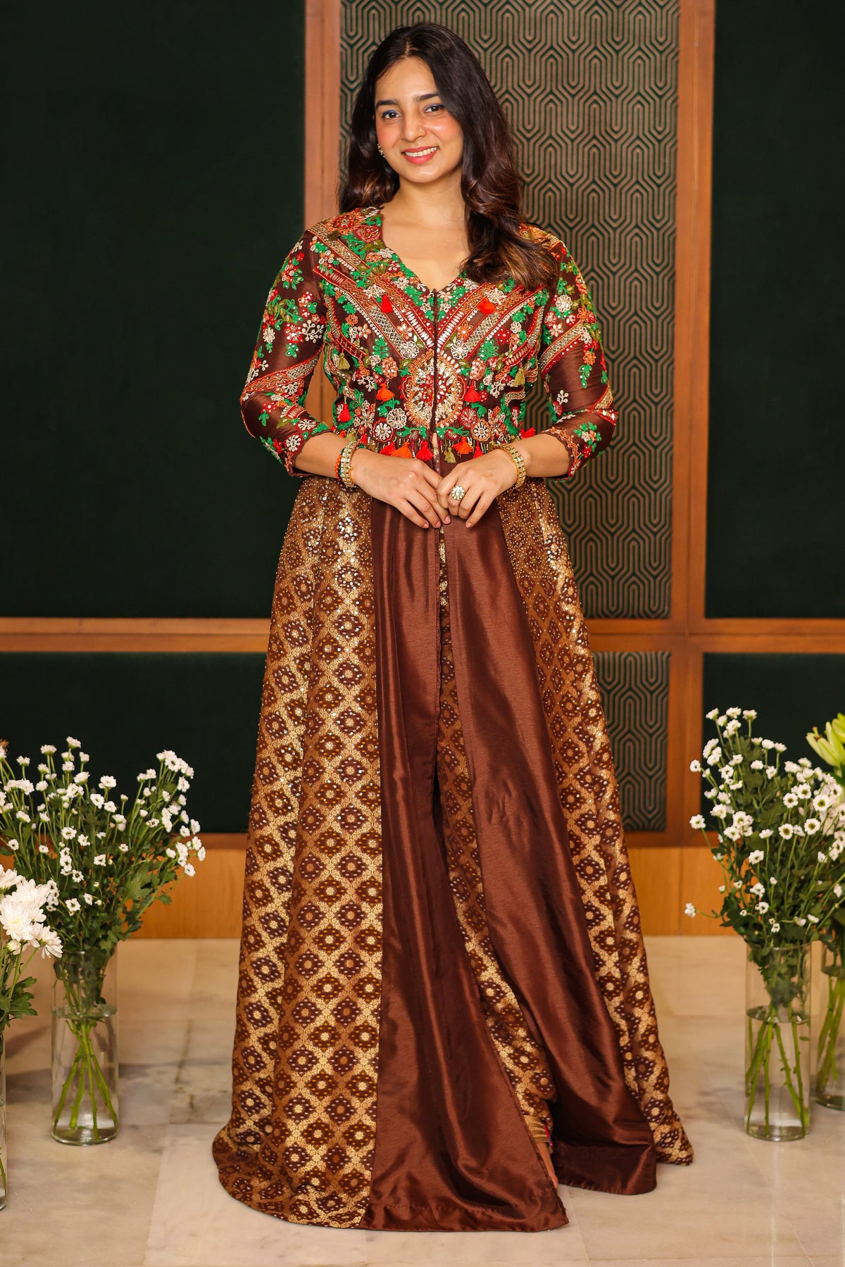 Brown Silk Sequin Embroidered Slit Cut Indo Western Set