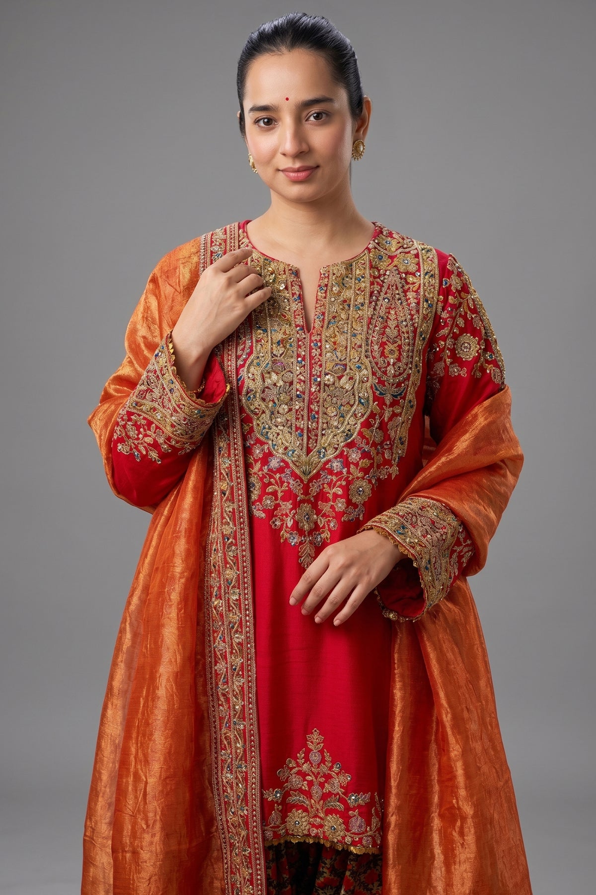 Red Matka Silk Zardosi and Sequinned Worked Suit