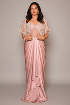 Light Pink Satin Net Beaded Draped Fancy Corset Dress with Cape Jacket