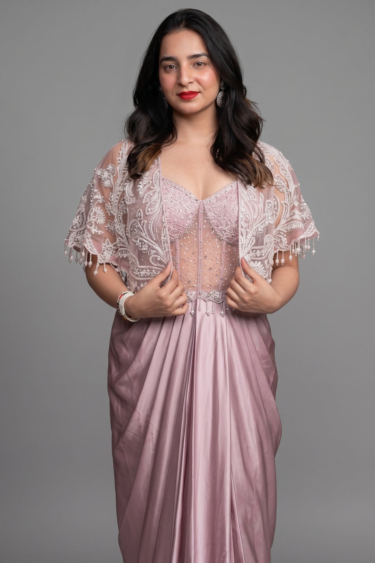 Light Pink Satin Net Beaded Draped Fancy Corset Dress with Cape Jacket