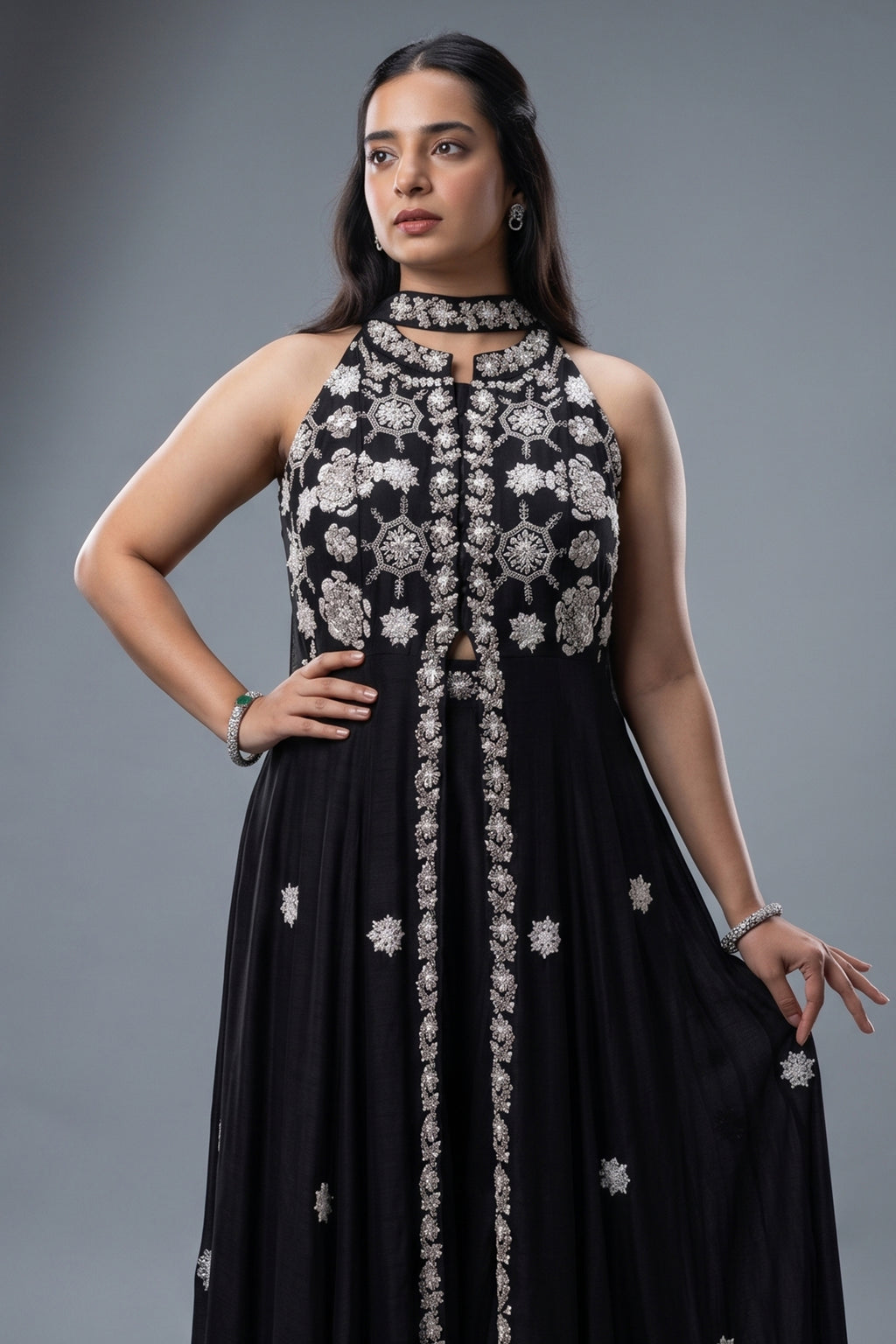 Black Raw Silk Beaded and Mirror Worked Slit Cut Palazzo Suit