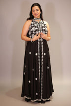 Black Raw Silk Beaded and Mirror Worked Slit Cut Palazzo Suit
