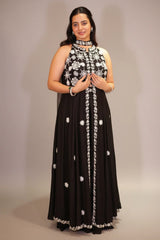 Black Raw Silk Beaded and Mirror Worked Slit Cut Palazzo Suit