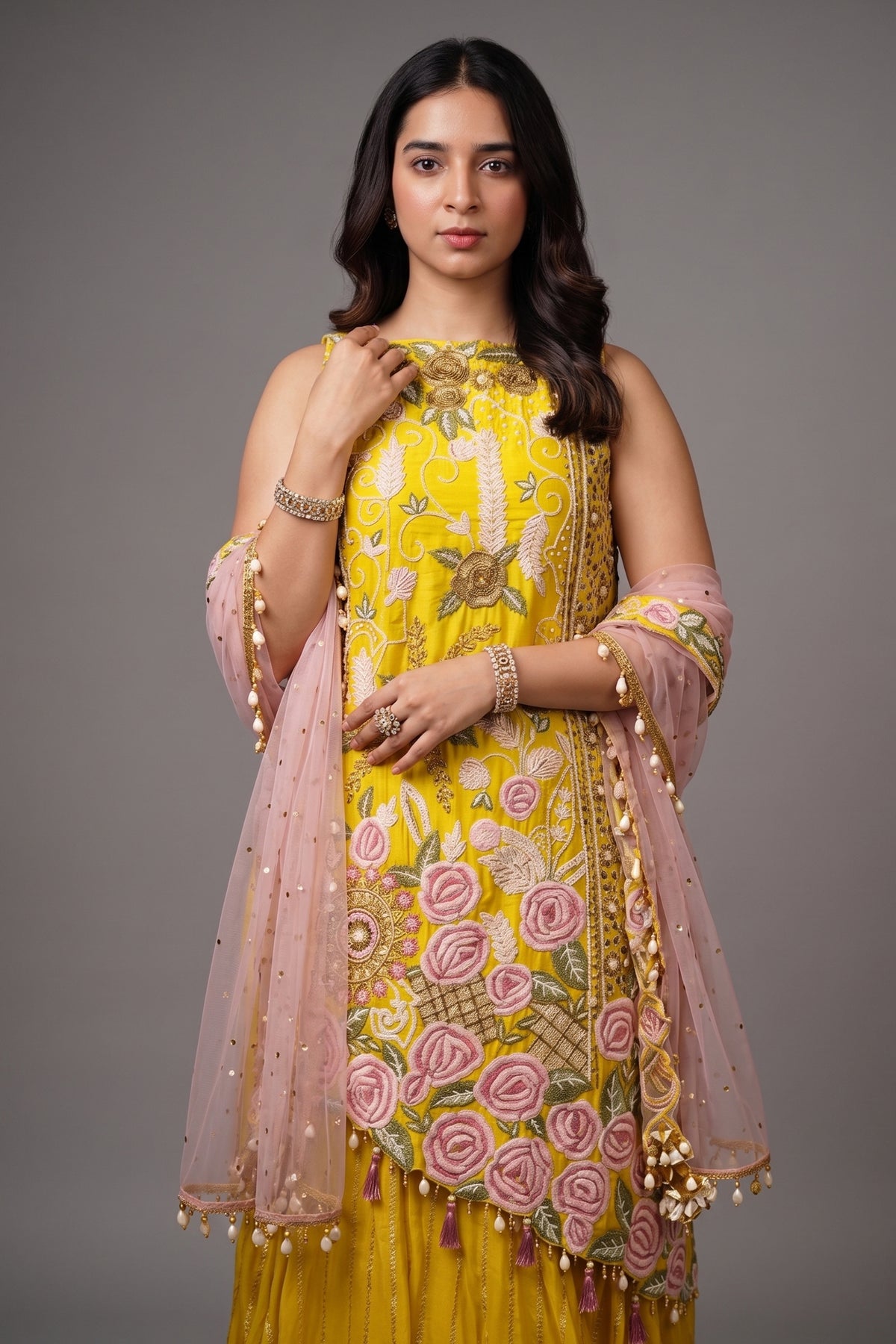Yellow Raw Silk Asymmetric Floral Embroidered and Bead Worked Palazzo Suit