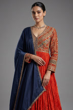 Rust Orange Tissue Crush Printed and Sequinned Work Bodice Anarkali Suit