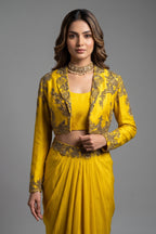 Yellow Organza Beaded Crop Top Skirt Set with Full Sleeved Short Jacket