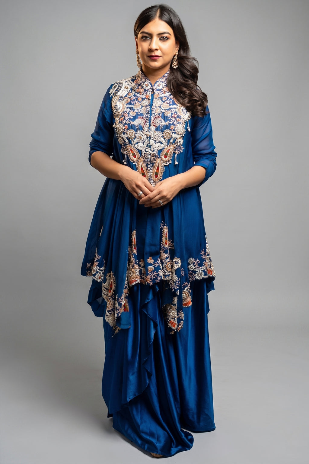 Blue Organza Handworked Bodice Asymmetrical Skirt Set