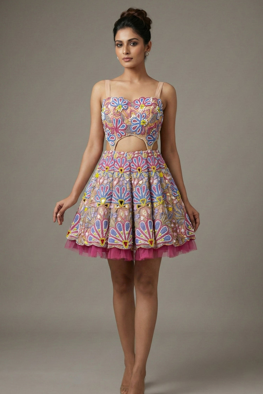 Pastel Pink Net All Over Beaded Cutwork Mini Dress