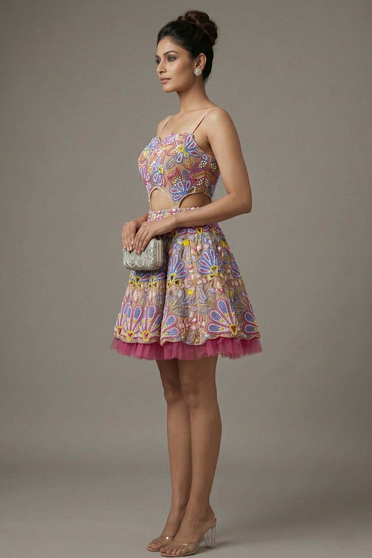 Pastel Pink Net All Over Beaded Cutwork Mini Dress