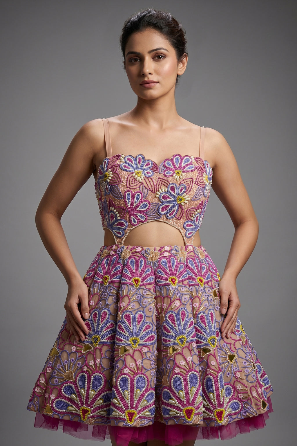 Pastel Pink Net All Over Beaded Cutwork Mini Dress