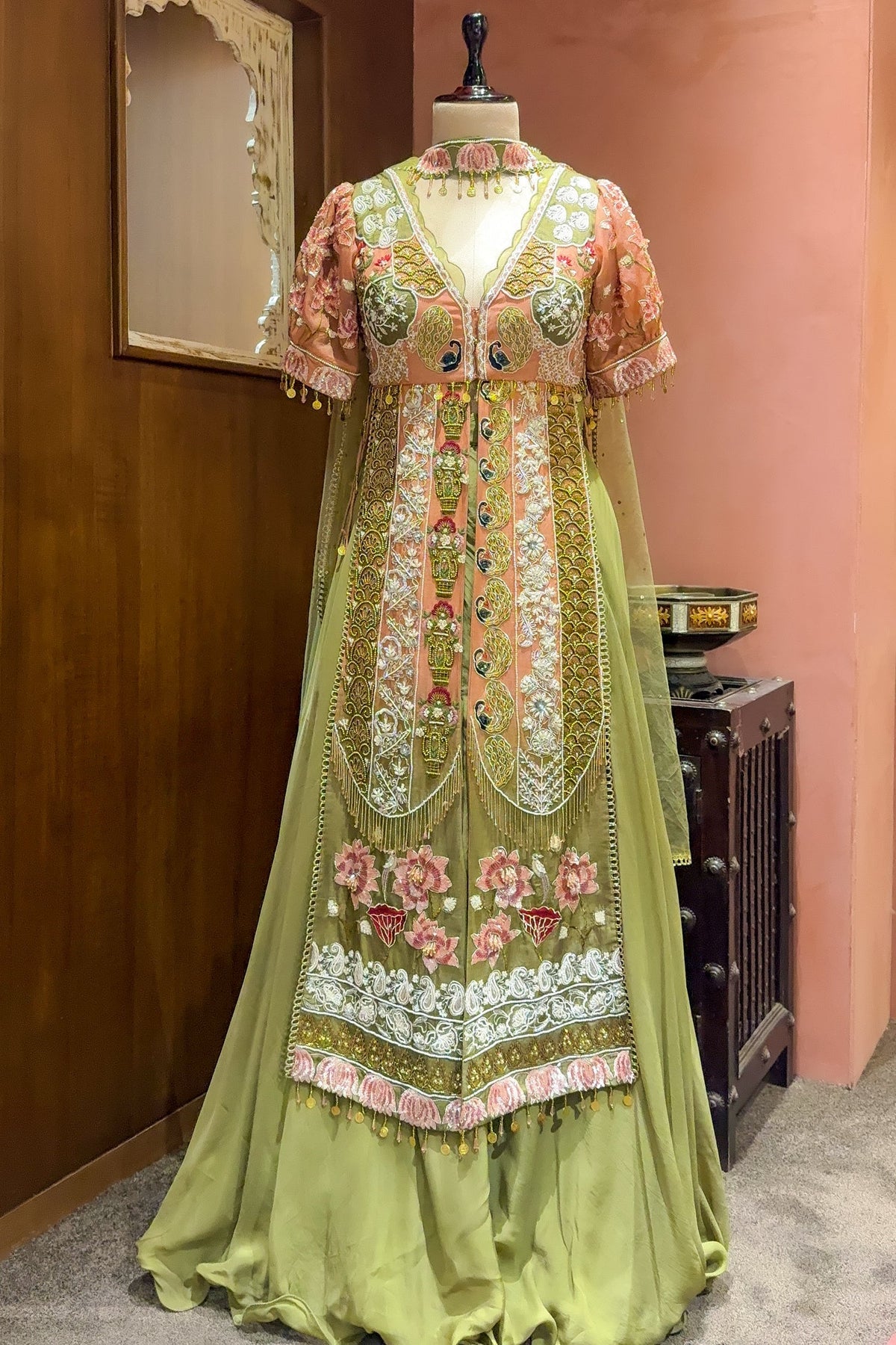 Green and Peach Organza Designer Handworked Slit Cut Suit
