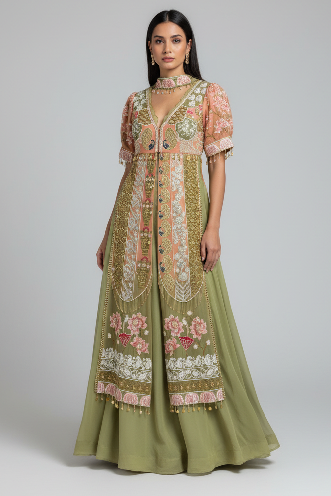 Green and Peach Organza Designer Handworked Slit Cut Suit