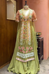 Green and Peach Organza Designer Handworked Slit Cut Suit