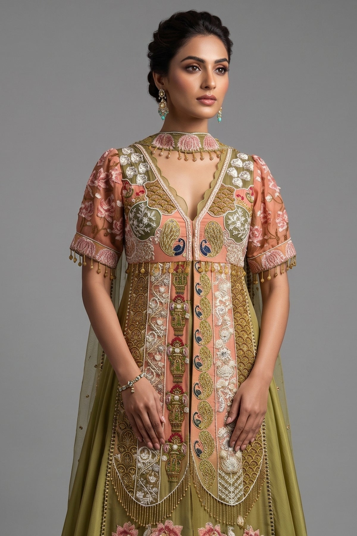 Green and Peach Organza Designer Handworked Slit Cut Suit