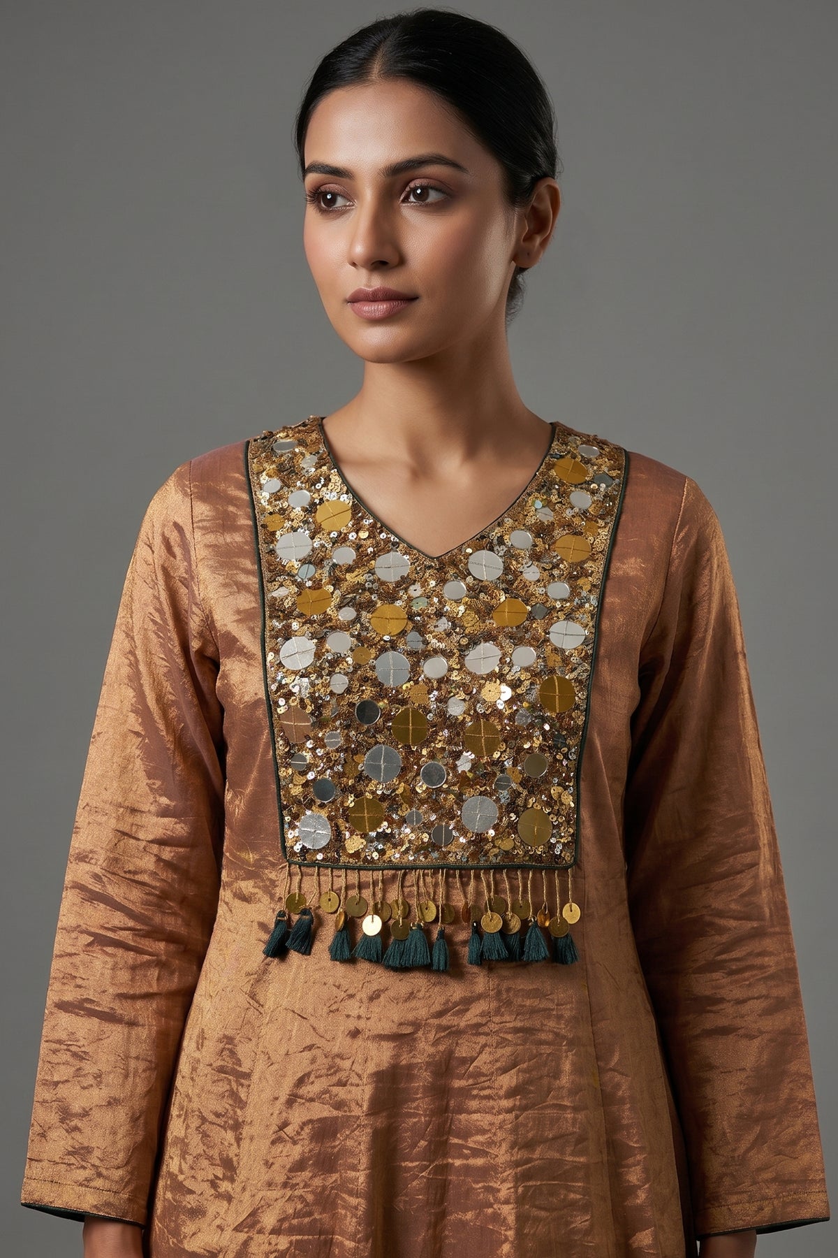 Golden Tissue Silk Anarkali Suit with Sequin and Applique Work