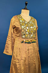 Golden Tissue Silk Anarkali Suit with Sequin and Applique Work