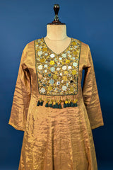 Golden Tissue Silk Anarkali Suit with Sequin and Applique Work
