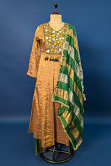 Golden Tissue Silk Anarkali Suit with Sequin and Applique Work