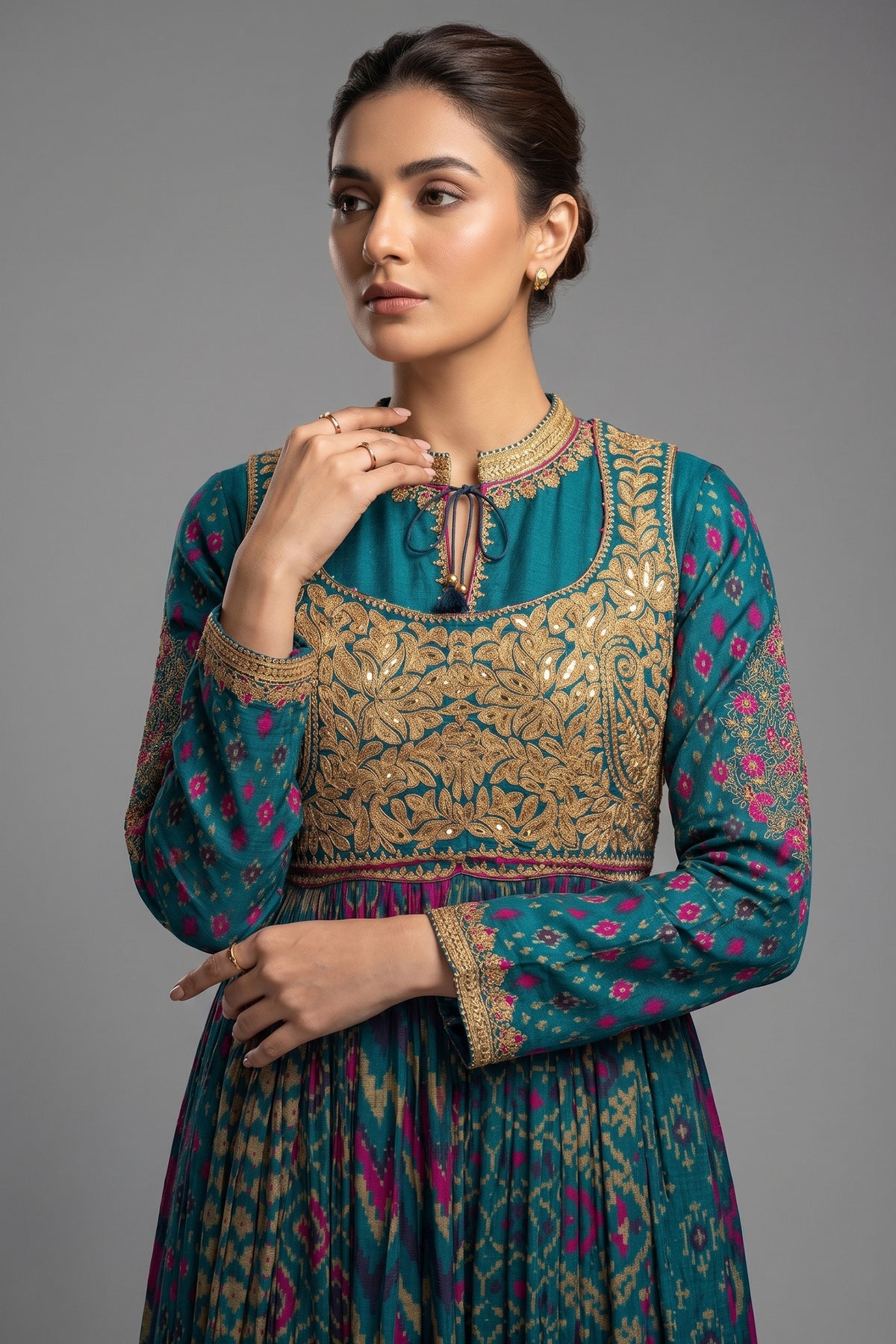 Rama Blue Silk Printed Anarkali Suit with Sequin Embroidery Work