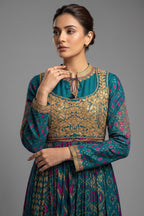 Rama Blue Silk Printed Anarkali Suit with Sequin Embroidery Work