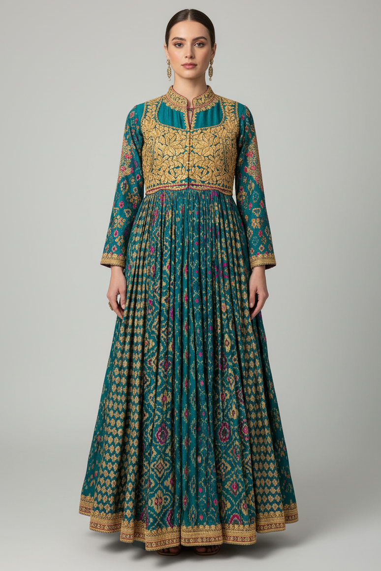 Rama Blue Silk Printed Anarkali Suit with Sequin Embroidery Work