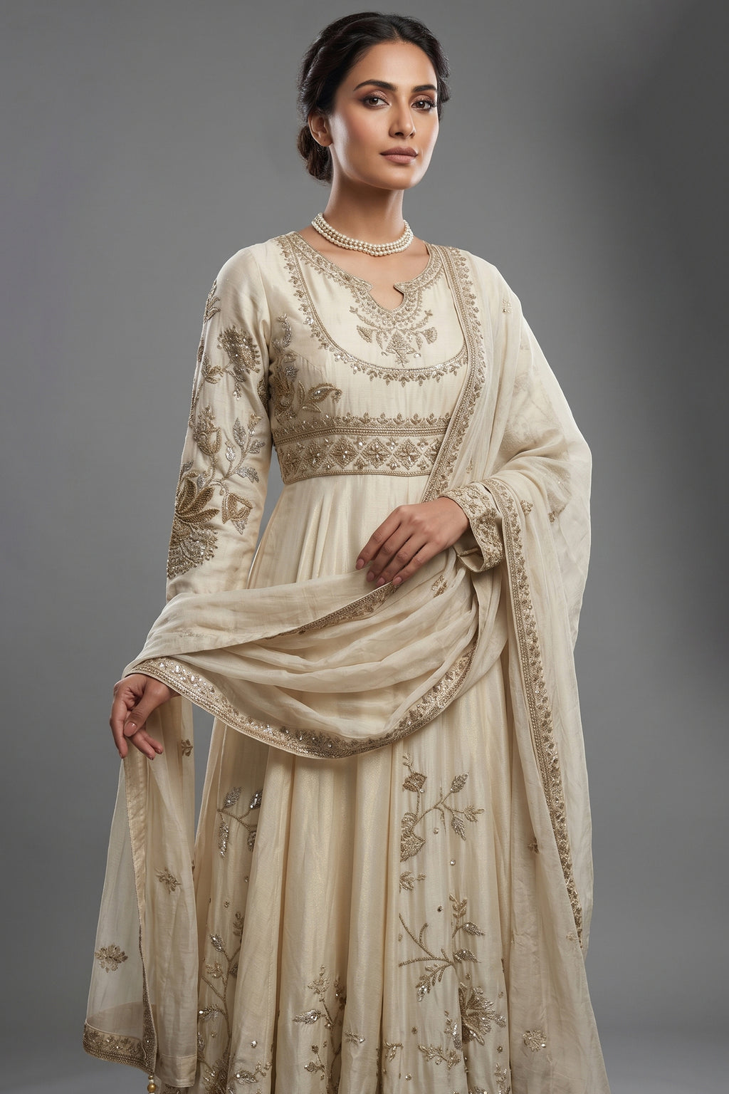 Ivory Hand Embroidered Anarkali Set with Dupatta