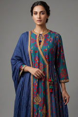 Blue Silk Printed Angrakha Style Palazzo Suit with Sequin Embroidery Work