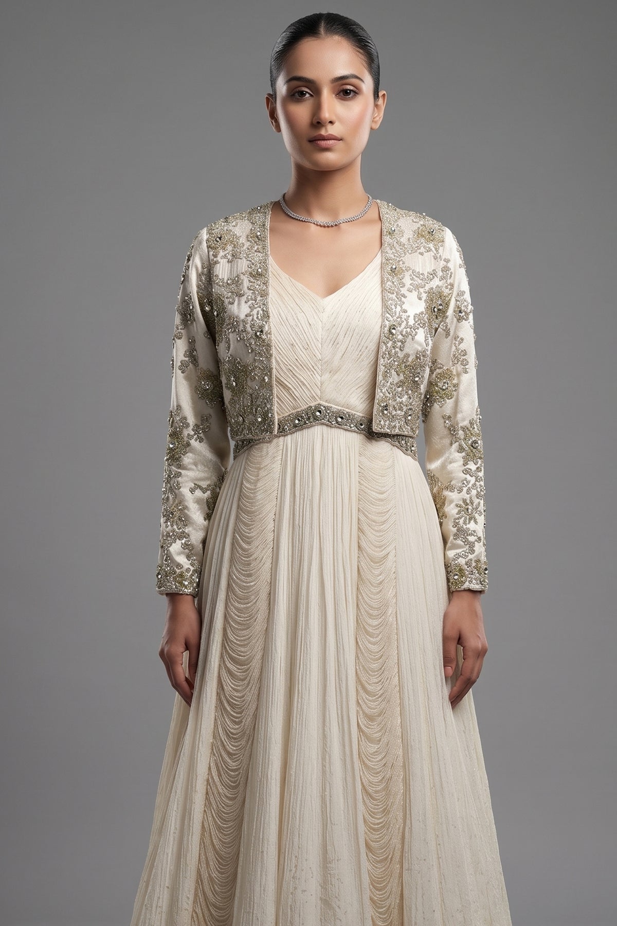 Ivory Embellished Gown with Handworked Jacket