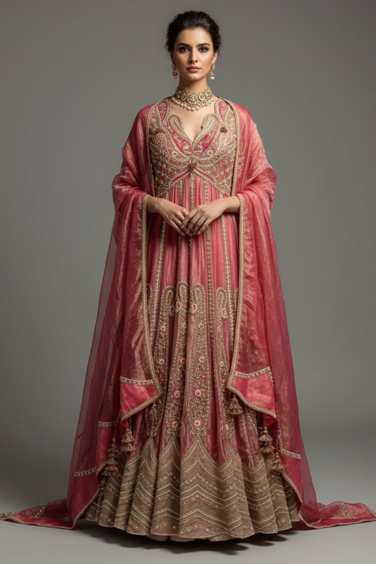 Pink Tissue Designer Heavy Paisley Worked Suit