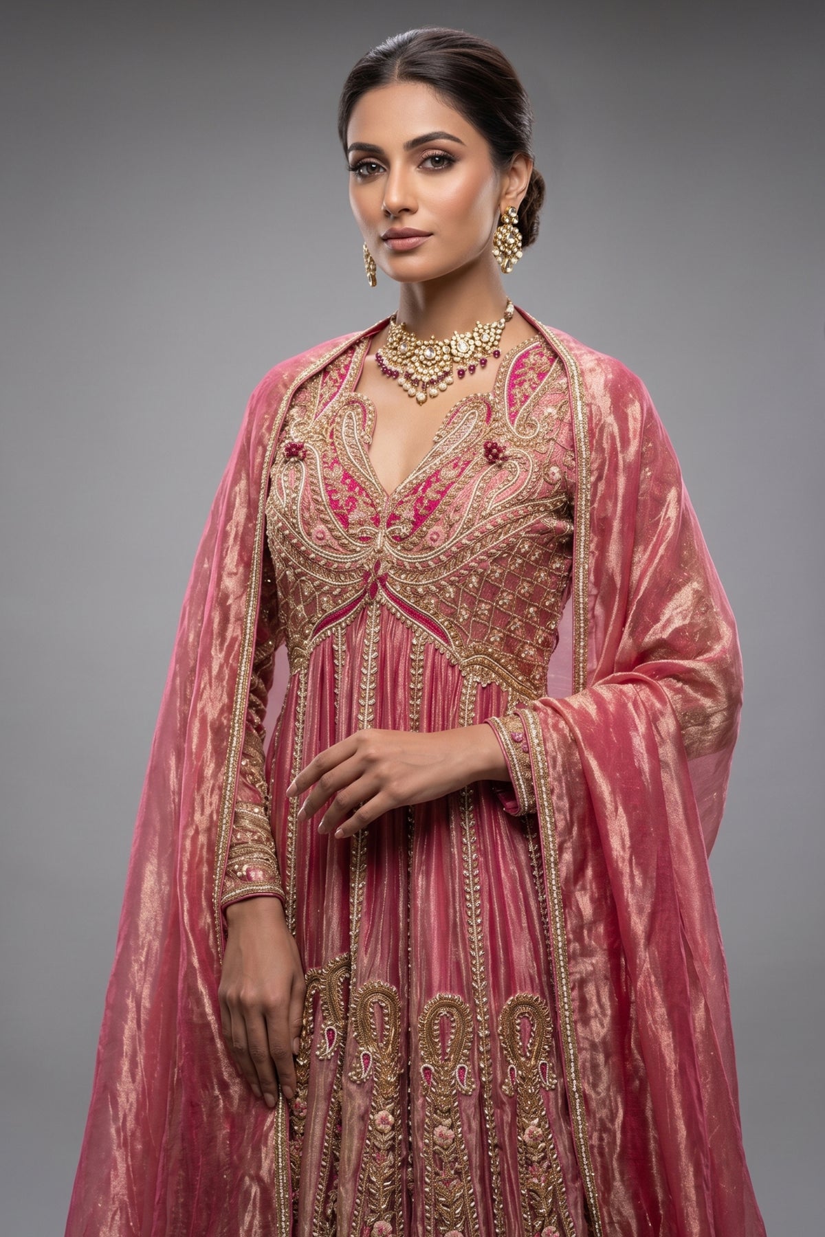 Pink Tissue Designer Heavy Paisley Worked Suit