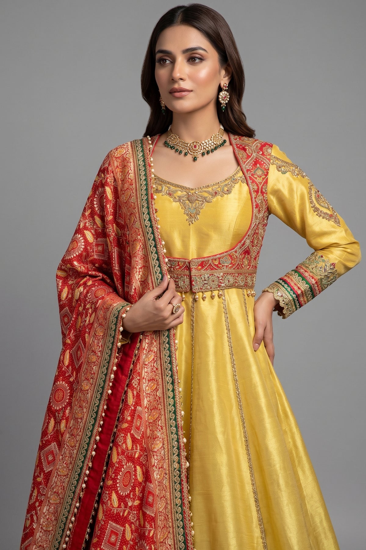 Golden Tissue Designer Anarkali Suit with Bandhej Dupatta