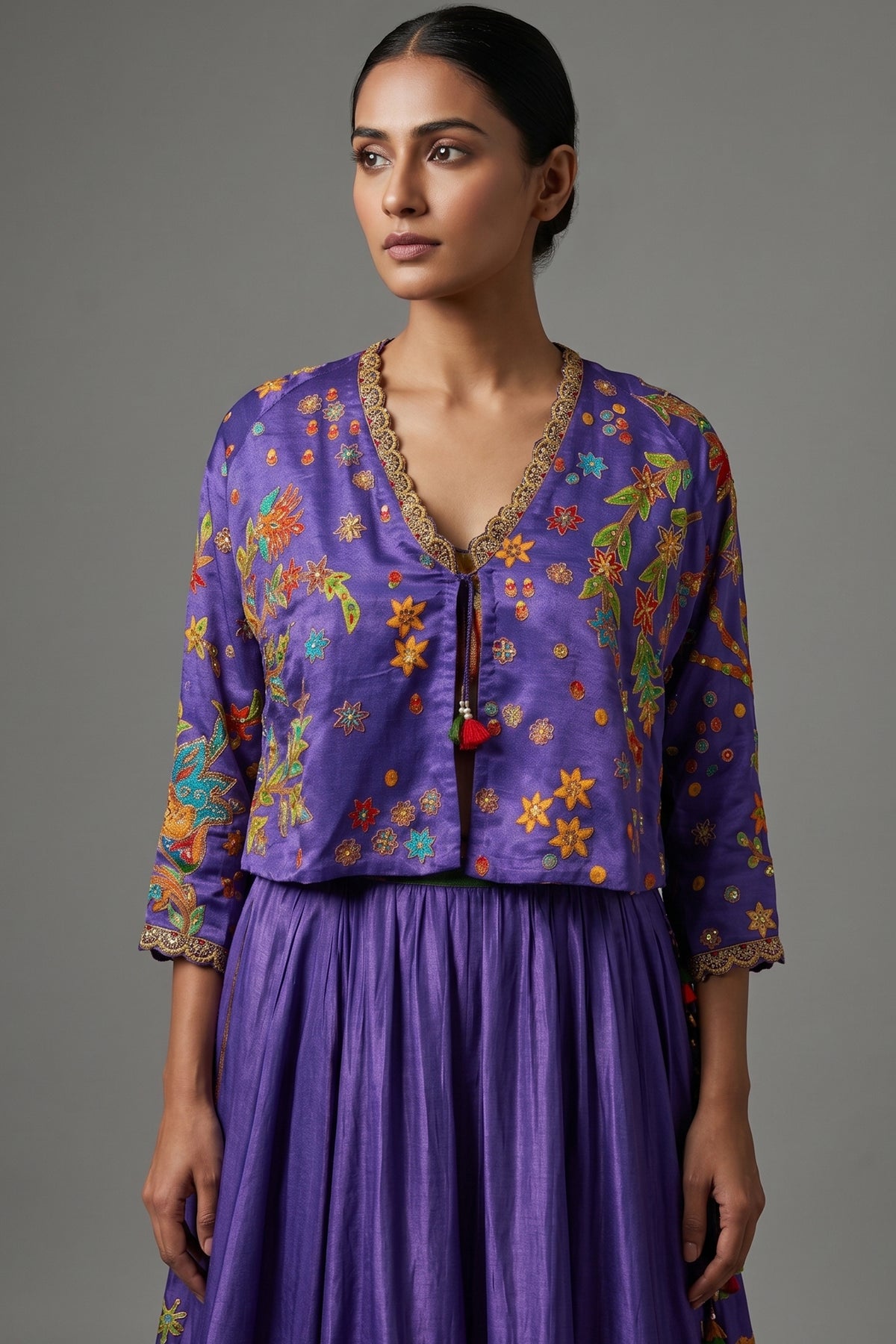 Violet Purple Satin Silk Printed Co-Ord Set with Sequin and Cutdana Work
