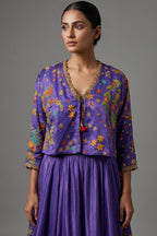 Violet Purple Satin Silk Printed Co-Ord Set with Sequin and Cutdana Work