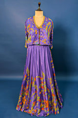 Violet Purple Satin Silk Printed Co-Ord Set with Sequin and Cutdana Work