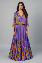 Violet Purple Satin Silk Printed Co-Ord Set with Sequin and Cutdana Work