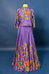 Violet Purple Satin Silk Printed Co-Ord Set with Sequin and Cutdana Work