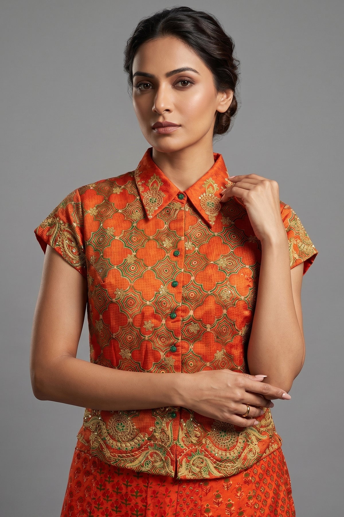 Rust Orange Satin Silk Printed Co-Ord Set