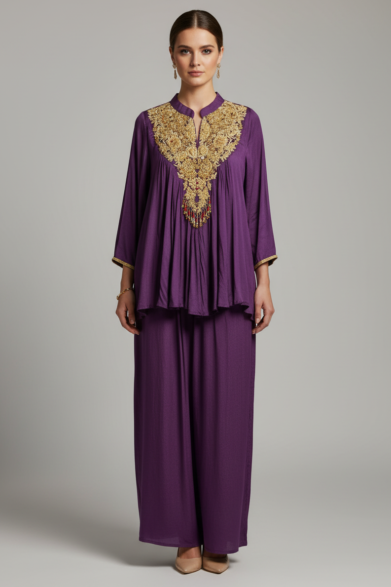 Dark Magenta Chinon Georgette Co-Ord Set with Embroidered Bodice