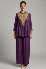 Dark Magenta Chinon Georgette Co-Ord Set with Embroidered Bodice