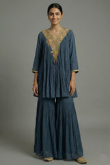 Rama Blue Chinon Georgette V Neckline Co-Ord Set with Sequin Embroidery Work