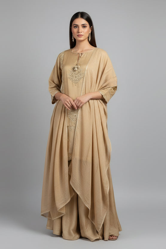Beige Tissue Gota Worked Palazzo Suit