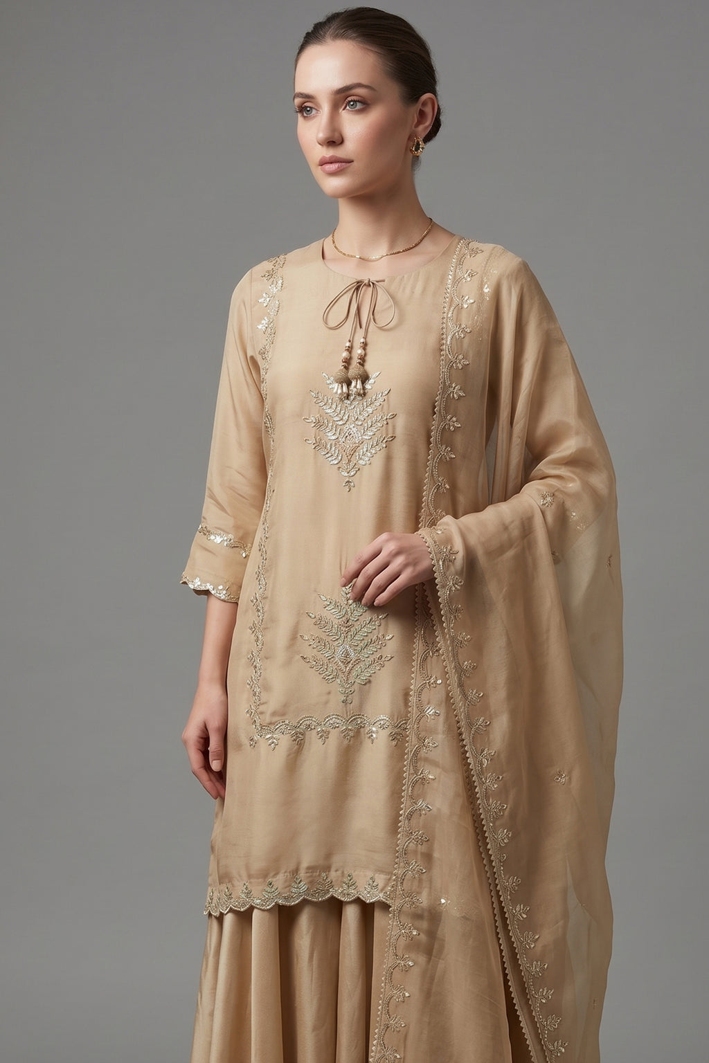 Beige Tissue Gota Worked Palazzo Suit