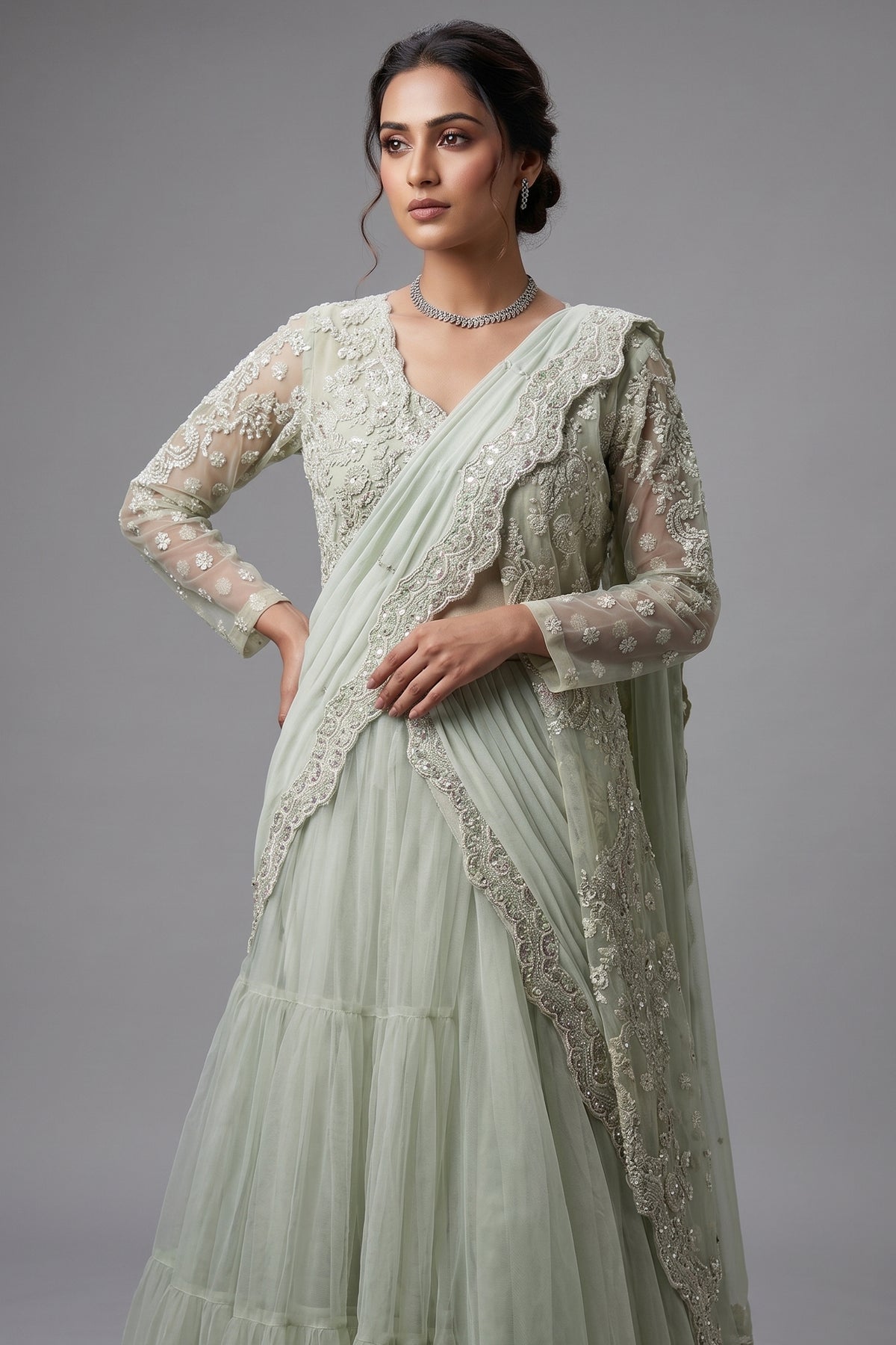 Light Mint Green Suit with Attached Dupatta and Long Top
