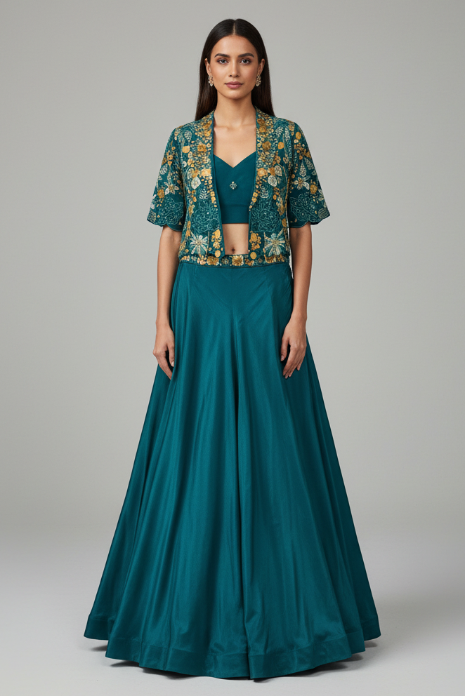 Teal Green Designer Handworked Crepe Silk Indo Western Set