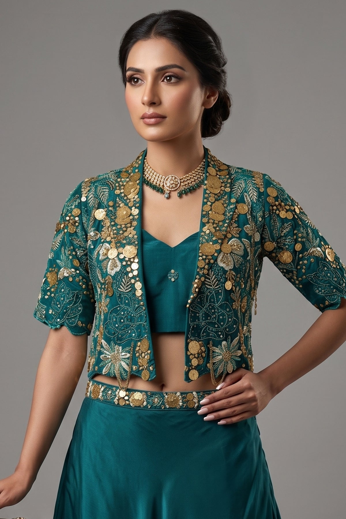 Teal Green Designer Handworked Crepe Silk Indo Western Set
