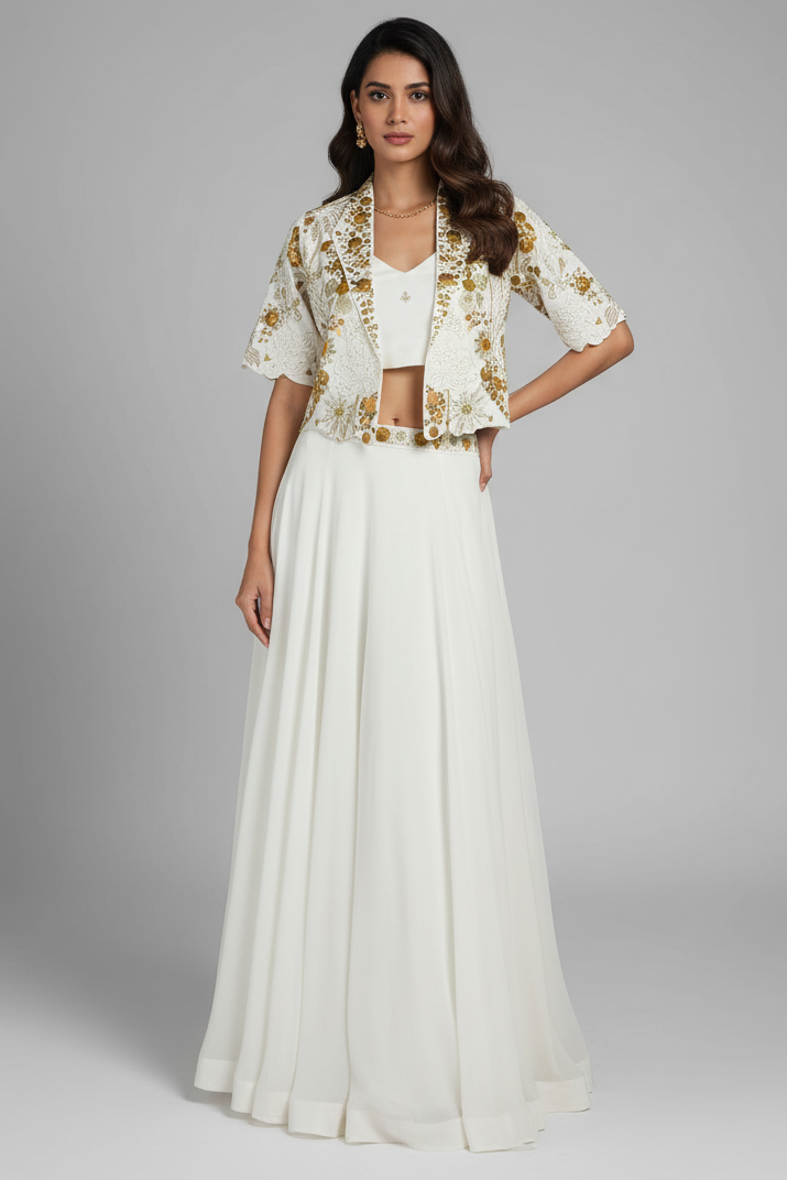 Off White Designer Handworked Crepe Silk Indo Western Set