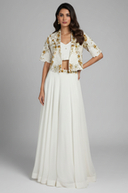Off White Designer Handworked Crepe Silk Indo Western Set
